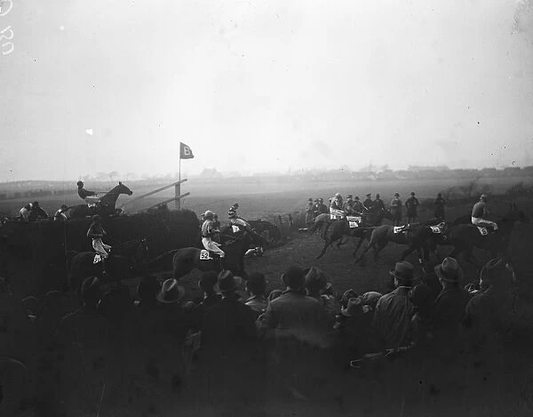 Sensational Grand National. Some of the field taking Bechers Brook. 31 March 1928
