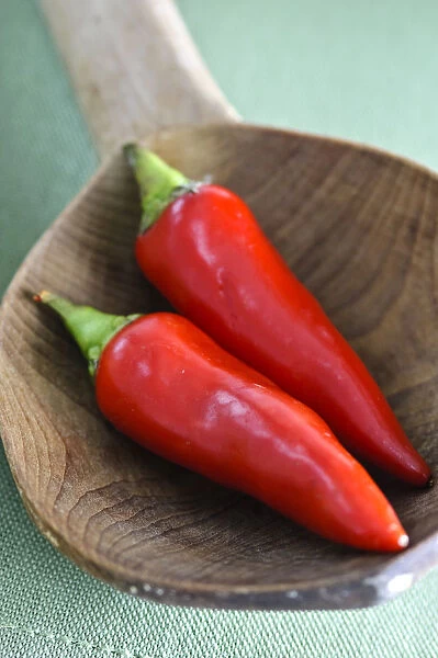 Shiny red chilli peppers in big wooden spoon credit: Marie-Louise Avery  /  thePictureKitchen