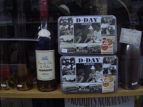 Shop window displaying bottles of Calvados, Cognac, Armagnac and cider brandy
