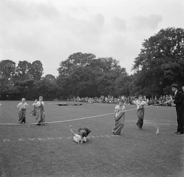 Sports day at Merton Court School in Sidcup, Kent. The boys sack race