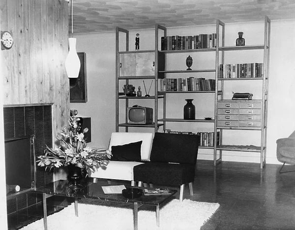 The Sussex bungalow, the living room. 1959 Ideal home exhbition at Olympia, London
