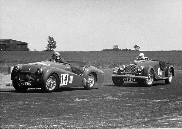 Triumph TR2 and Morgan Plus Four at Silverstone in July 1955