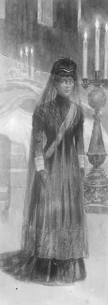 A unique picture of Queen Alexandra drawn as she was leaving the bier of the late