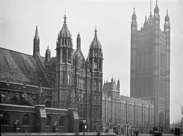 The Victoria Tower of the Houses of Parliament seen from Parliament Square, London