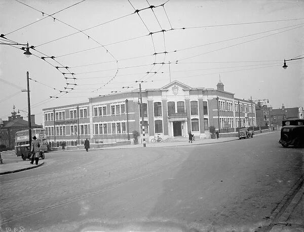 A view of the Erith Council offices with the trolley bus wires seen overhead