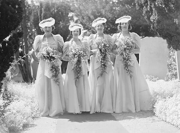 The wedding of Guy Farrr and Mary Stacey in Crayford, Kent. The bridesmaids. 1939