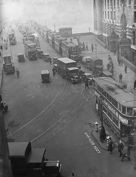 Westminster Bridge, London, traffic hold up. 14 January 1935