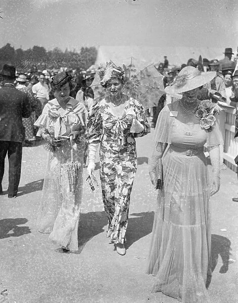 White Parasol And Unusual Hat Fashion At Ascot. Ascot, on Royal Hunt Cup day
