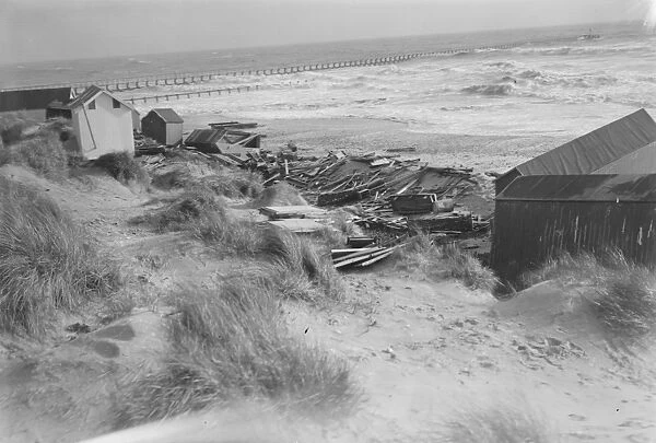 The wreckage of bathing huts at Littlehampton after the Great Storm. 1925
