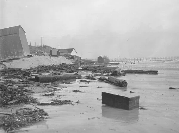 The wreckage of bathing huts at Littlehampton after the Great Storm. 1925