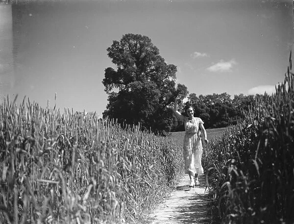 A young woman walks down a path in a cornfield. 1935
