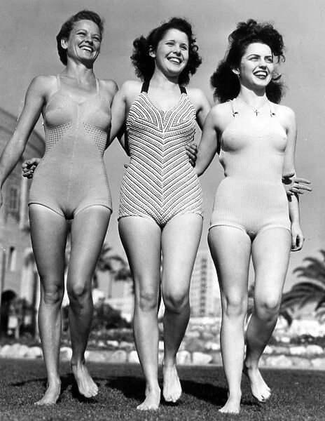 Three young women modelling swimsuits in 1942
