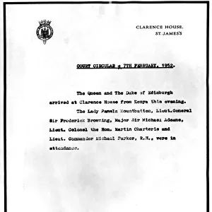 7 February 1952 The first Court Circular from Clarence House, St. James mentioning