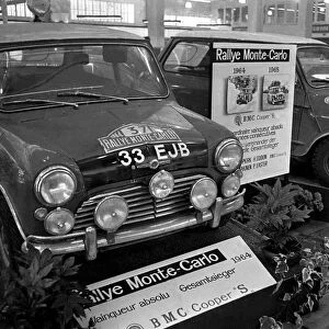 BMCs Mini Coopers winner of the 1965 Monte Carlo Rally, on show at the Geneva International