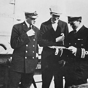 On board mystery ship PC 61 Worsley ( on right ) showing sketch of submarine UC 34