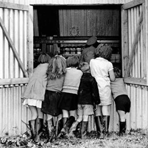 Children on a hop pickers holiday in Kent. They are watching a machine that may replace