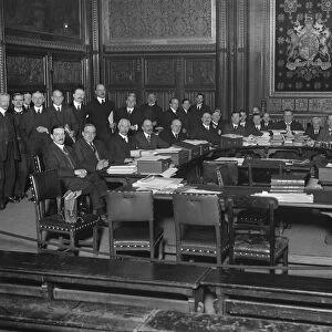Coal commission sit at Westminster. Kings Robing Room, House of Lords. 1919