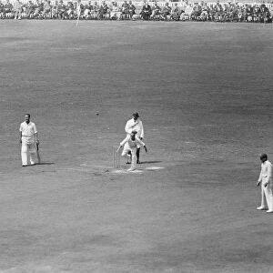 Cricket at the Oval. Freeman, the Kent slow bowler, at work against the Surrey batsman