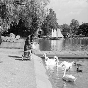 A day out at Regents Park, London - a mother with a child in a pushchair feeding