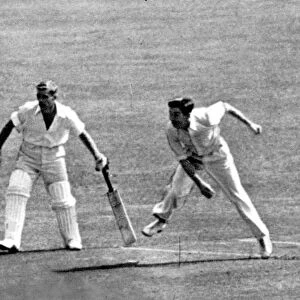 Douglas V P Wright bowling for England against New Zealand at the Oval in 1949. B