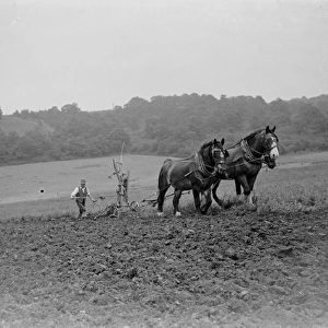 A farmer and his team of horses ploughing a field. 1939