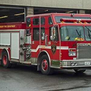 A fire engine of the Sudbury Ontario Canada fire brigade (department) standing out