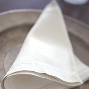 Folded linen napkin on pewter plate. credit: Marie-Louise Avery / thePictureKitchen