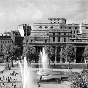 The fountains in Trafalgar Square, London, England. 1940s, 1950s