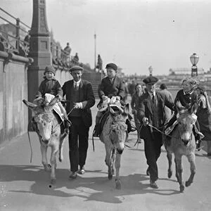 Holiday fun at Brighton. Children enjoying donkey rides in the sunshine at Brighton
