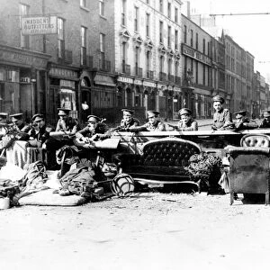 Irish Rebellion, 1916. OPS troops manning barricades across Talbot Street, Dublin