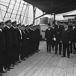 King of Egypt visits HMS Worcester nautical training ship at Greenhithe. King Fuad on board