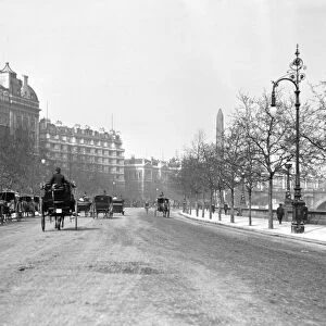 London scene. The Thames Embankment, central London with rows of Hansom Cabs