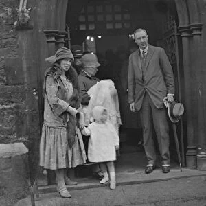 Lord and Lady Gorell after the christening of their infant son at Christ Church, Kensington
