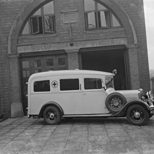 A new ambulance, parked outside Sidcup fire station, Kent. 1937