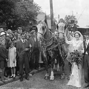 An old fashion wedding at Eltham Parish church. The bride and groom stand next to the horse