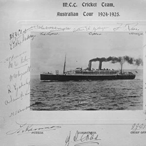 Around a photograph of the SS Ormonde the signatures of the MCC Cricket team