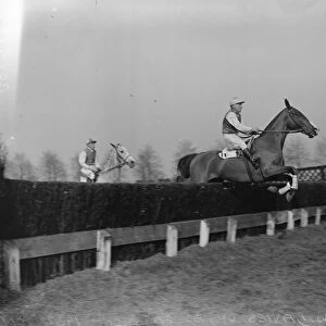 Racing at Gatwick. Royal Lancs ( W Davies up ) taking the last fence in the