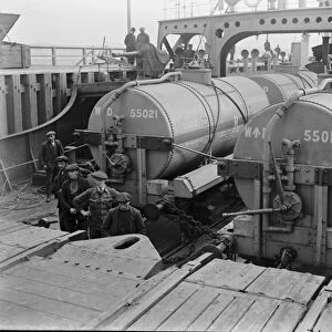 Richborough Train Ferry on the east coast of Kent showing steam engines being transported