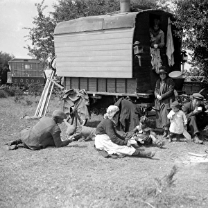 Romany gypsy family camped on Epsom downs during the race meeting on Epsom racecourse
