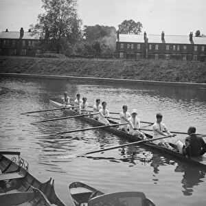 Rowing. Worlds only blind crew of eight practice on the River Severn. 25 July 1923