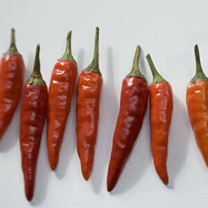Small hot birds eye chilli peppers arranged on white surface. credit: Marie-Louise