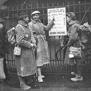 Soldiers home from the trenches interested in the new notice to single men ( Gordons