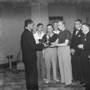 The trophy presentation at table tennis final in Deptford, Kent. 1939