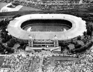 Aerial view of Wembley Stadium showing the newly erected roof which protects the spectators Aerial view of Wembley Stadium showing the newly erected roof which protects the spectators