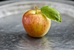 Apple with leaf on pewter charger credit: Marie-Louise Avery / thePictureKitchen Apple with leaf on pewter charger credit: Marie-Louise Avery / thePictureKitchen