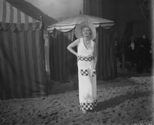 British fashions in sound film sketch. Miss Evelyn Laye in her striking beach suit at Elstree British fashions in sound film sketch. Miss Evelyn Laye in her striking beach suit at Elstree