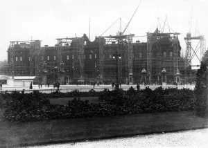 This front of Buckingham Palace hidden by scaffolding during the transformation, London, England This front of Buckingham Palace hidden by scaffolding during the transformation, London, England