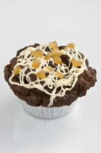 Chocolate muffin decorated with drizzled icing with dried mango pieces credit Chocolate muffin decorated with drizzled icing with dried mango pieces credit