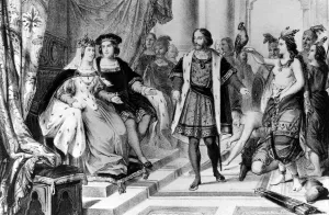 Christopher Columbus being welcomed by the Spanish kings after he had returned Christopher Columbus being welcomed by the Spanish kings after he had returned