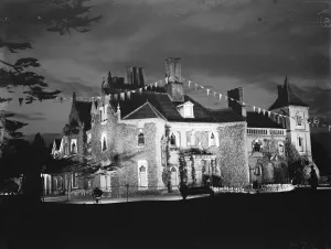 Coronation decorations at the floodlit Sidcup Place, Kent, to celebrate the coronation Coronation decorations at the floodlit Sidcup Place, Kent, to celebrate the coronation